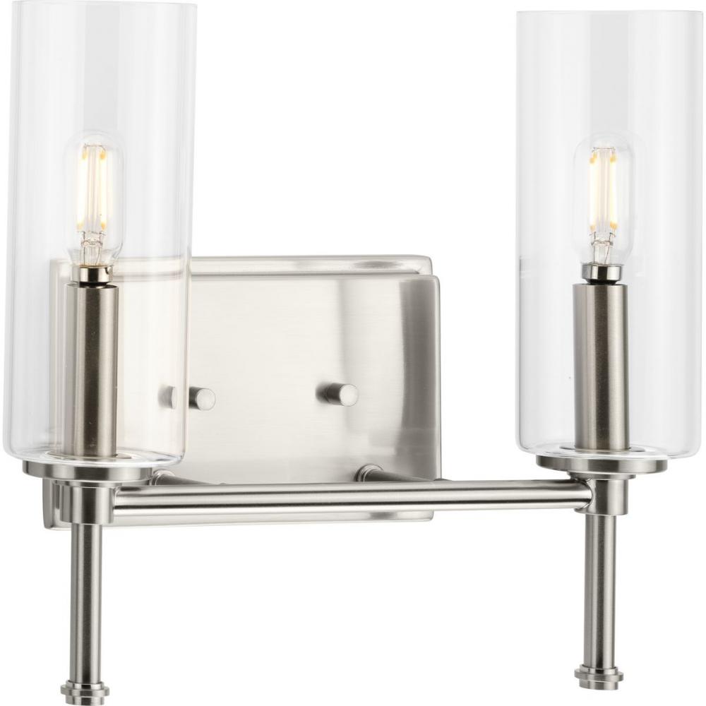 Elara Collection Two-Light New Traditional Brushed Nickel Clear Glass Bath Vanity Light