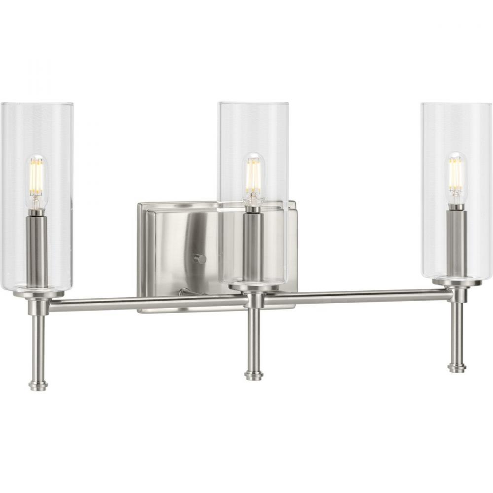 Elara Collection Three-Light Brushed Nickel Clear Glass New Traditional Bath Vanity Light