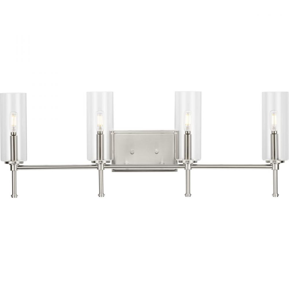Elara Collection Four-Light New Traditional Brushed Nickel Clear Glass Bath Vanity Light