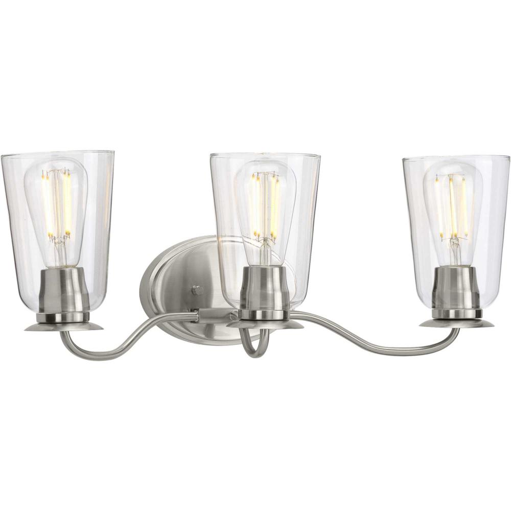 Durrell Collection Three-Light Brushed Nickel Clear Glass Coastal Bath Vanity Light