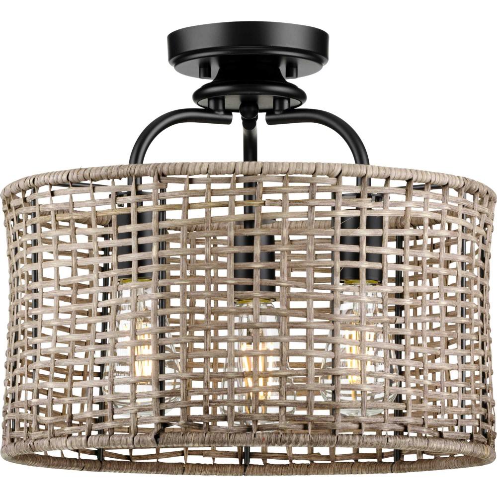 Lavelle Collection Three-Light Matte Black and Mocha finish Rattan Convertible Semi-Flush Ceiling or