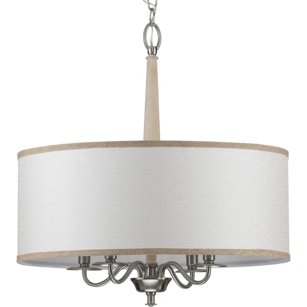 Durrell Collection Four-Light Brushed Nickel Sailcloth Linen Fabric Shade Coastal Chandelier Light