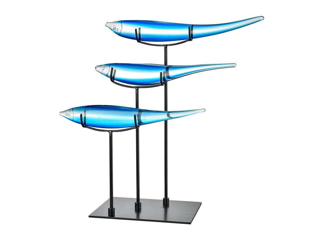 3 Blue Fish Handcrafted Art Glass Figurine