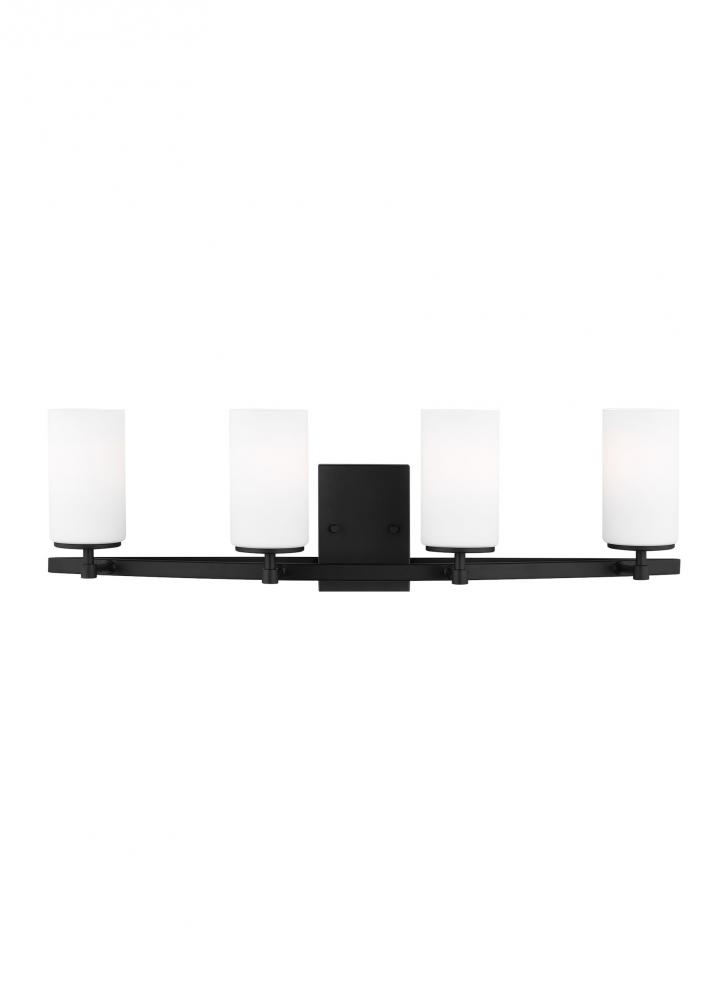 Alturas indoor dimmable LED 4-light wall bath sconce in a midnight black finish and etched white gla