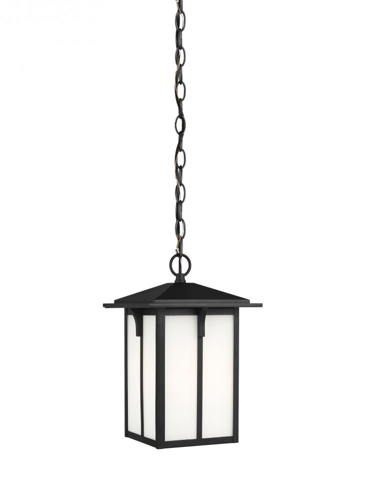 Tomek modern 1-light outdoor exterior ceiling hanging pendant in black finish with etched white glas