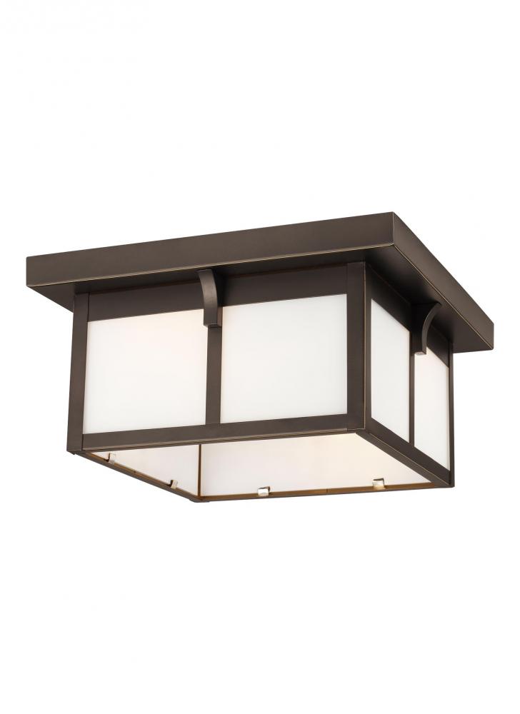 Tomek modern 2-light outdoor exterior ceiling flush mount in antique bronze finish with etched white