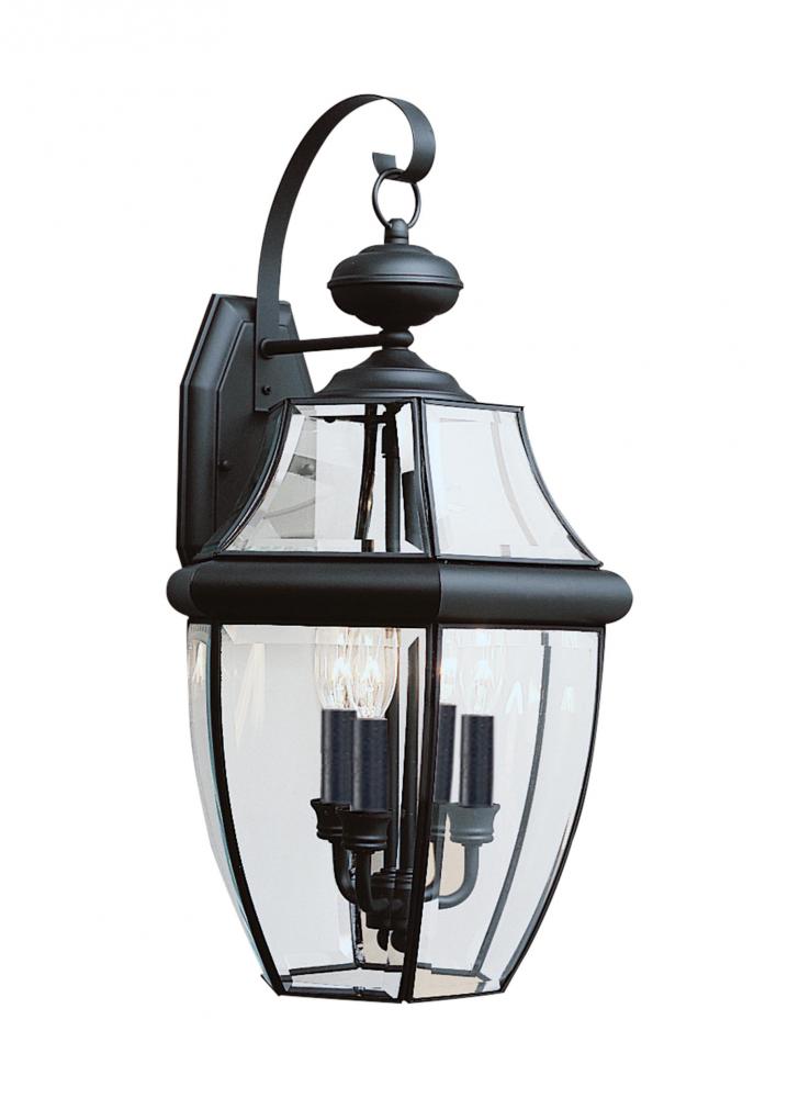 Lancaster traditional 3-light outdoor exterior wall lantern sconce in black finish with clear curved