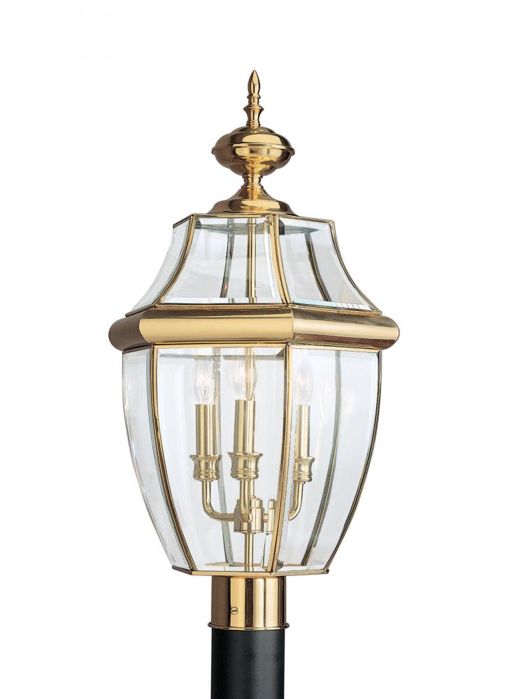 Lancaster traditional 3-light outdoor exterior post lantern in polished brass gold finish with clear