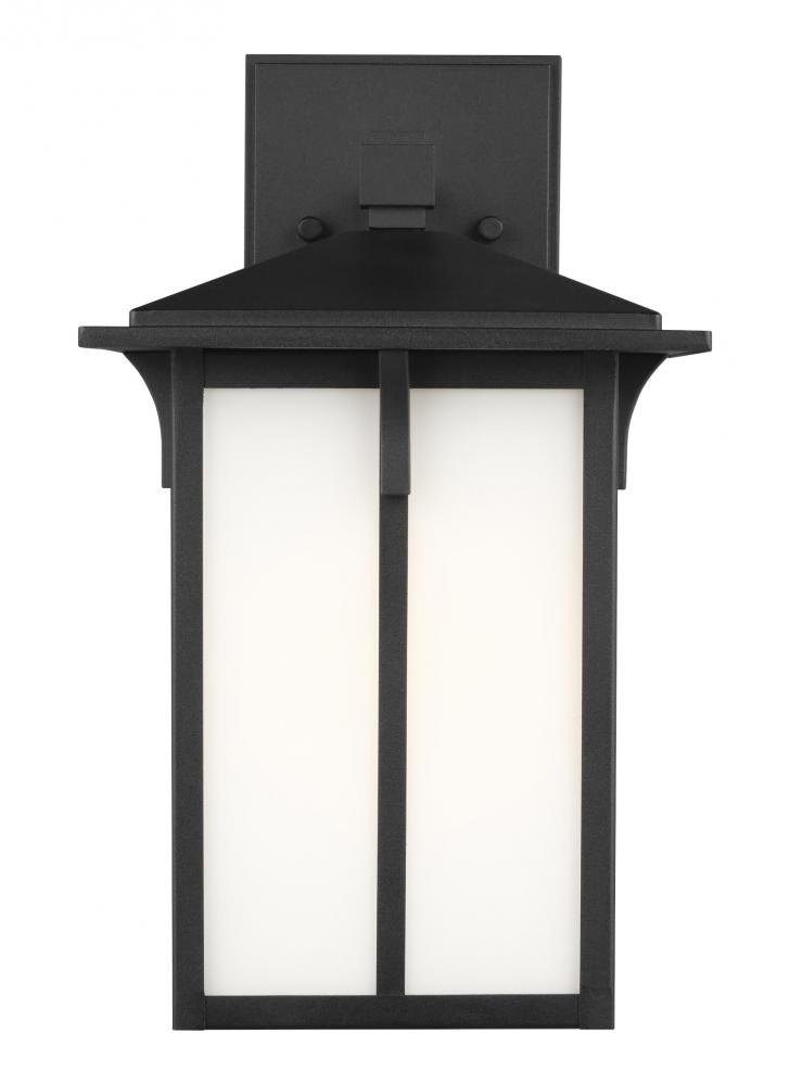 Tomek modern 1-light outdoor exterior medium wall lantern sconce in black finish with etched white g