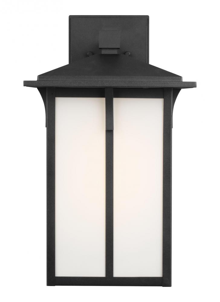 Tomek modern 1-light outdoor exterior large wall lantern sconce in black finish with etched white gl