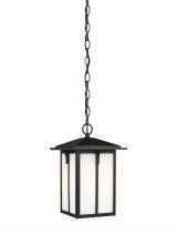 Generation Lighting 6252701-12 - Tomek modern 1-light outdoor exterior ceiling hanging pendant in black finish with etched white glas