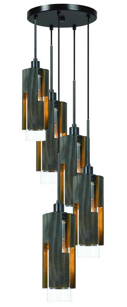 60W X 5 Reggio Wood Pendant Glass Fixture (Edison Bulbs Not included)