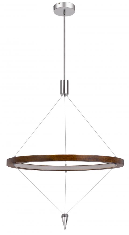 Viterbo integrated dimmable LED pine wood pendant fixture with suspended steel braided wire. 24W, 19