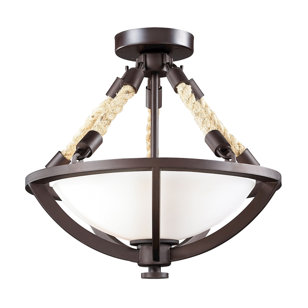 Natural Rope 2-Light Semi Flush in Aged Bronze with White Glass